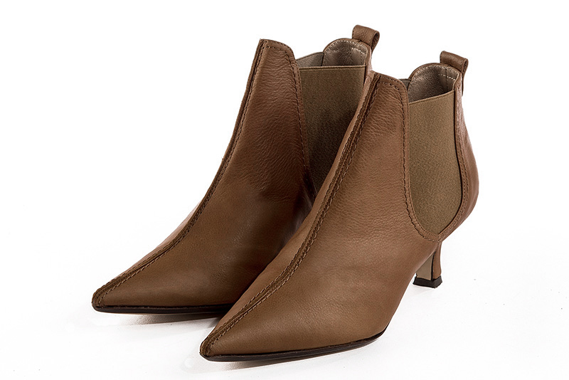 Caramel brown women's ankle boots, with elastics. Pointed toe. Medium spool heels. Front view - Florence KOOIJMAN